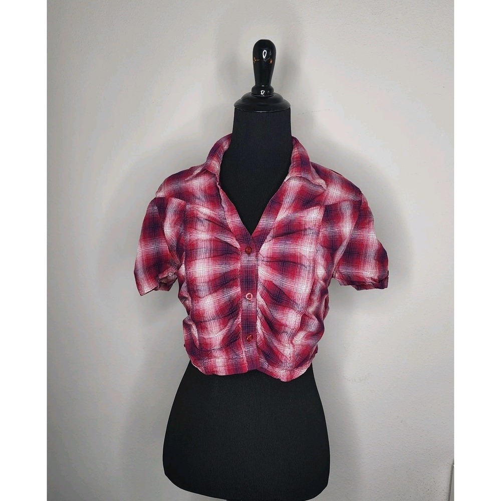 Cropped Plaid Flannel Button Up Top Size S Red Preppy Academia Punk